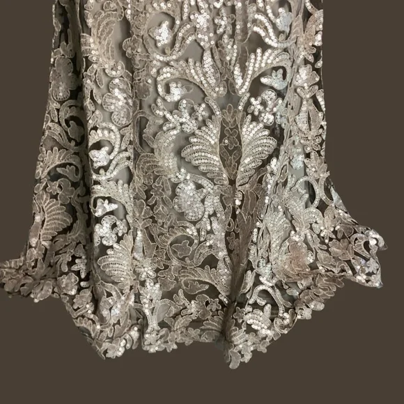 Tadashi Shoji Gown Size 8 Tan/Gold Lace Lined Cap Sleeve Wedding Formal Event